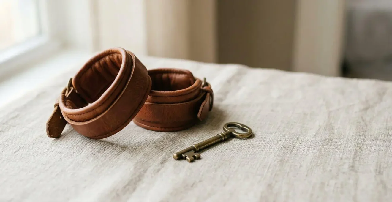 Menottes de bondage posées sur surface textile avec éclairage doux et composition sécurisante