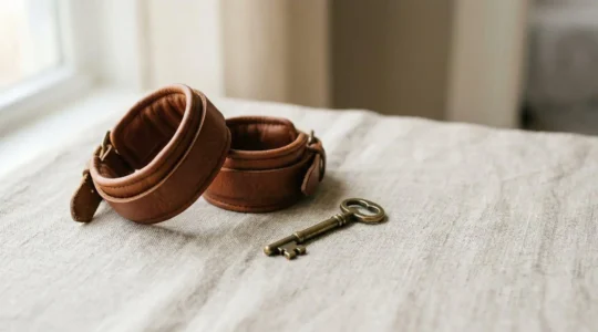 Menottes de bondage posées sur surface textile avec éclairage doux et composition sécurisante