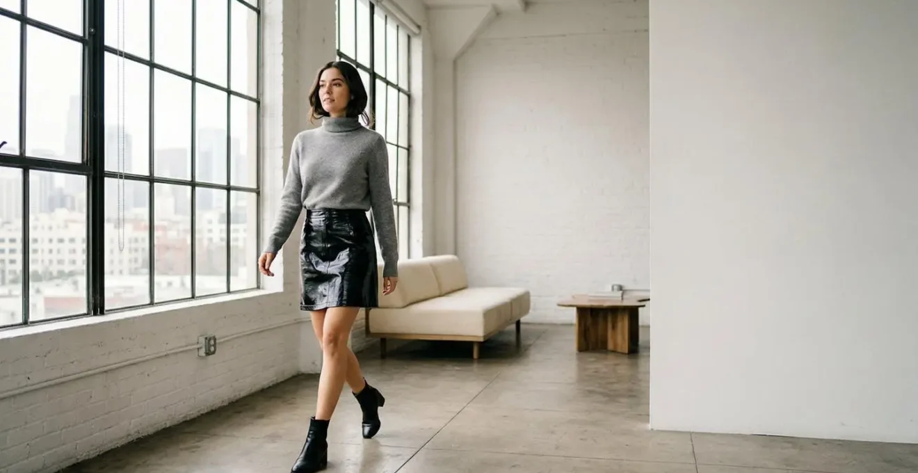 Silhouette élégante portant une jupe en vinyle noir brillant associée à des pièces douces, dans un environnement lumineux et moderne