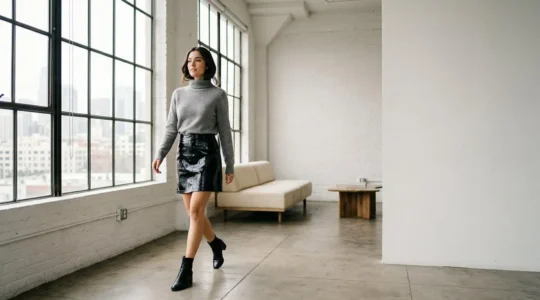 Silhouette élégante portant une jupe en vinyle noir brillant associée à des pièces douces, dans un environnement lumineux et moderne