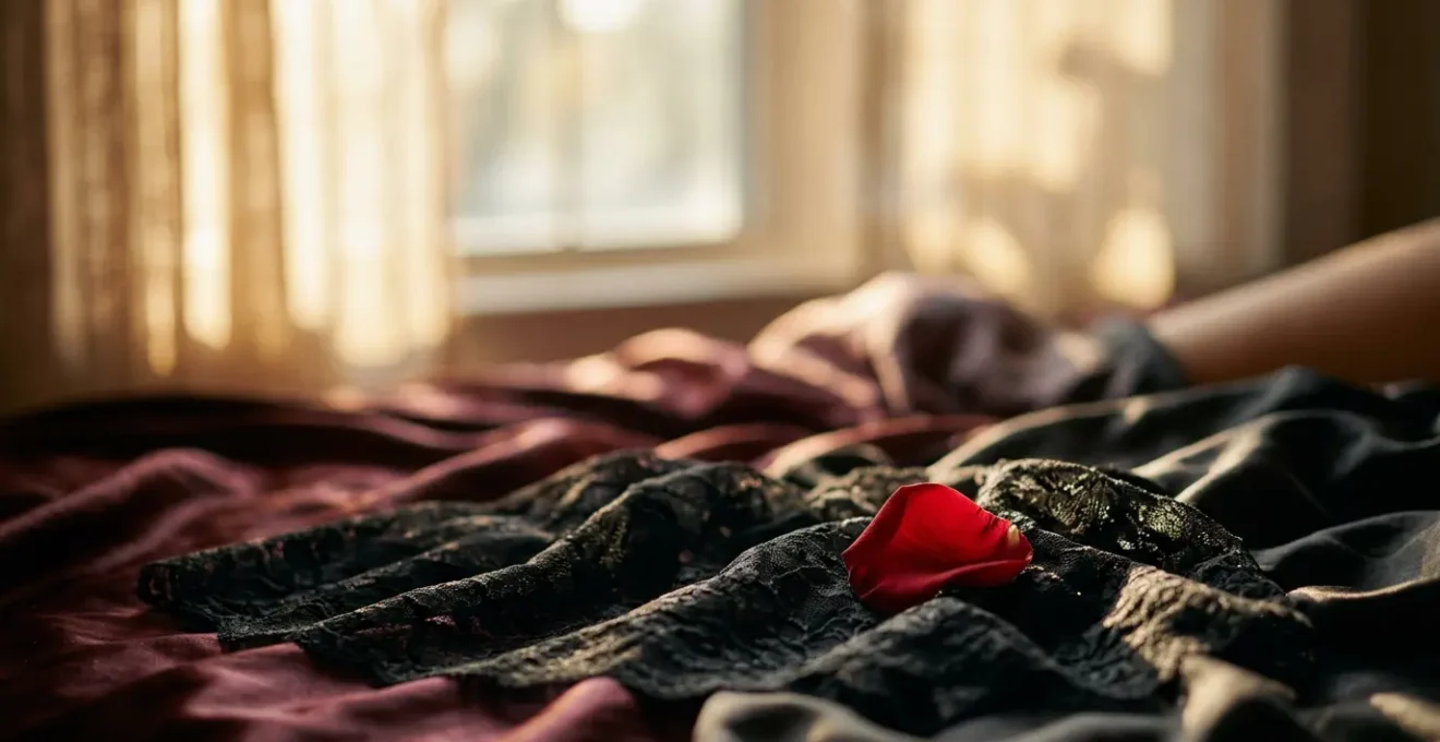 Mise en scène suggestive évoquant l'anticipation et la séduction par la lingerie dans un contexte intime