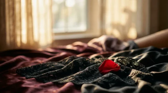 Mise en scène suggestive évoquant l'anticipation et la séduction par la lingerie dans un contexte intime