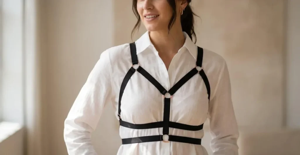 Harnais de lingerie noir avec anneaux dorés porté sur chemise blanche semi-transparente Harnais de lingerie noir avec anneaux dorés porté sur chemise blanche semi-transparente
